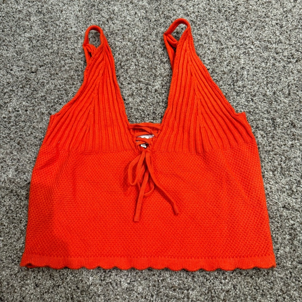 Orange Ribbed Tie Front Crop Tank Top